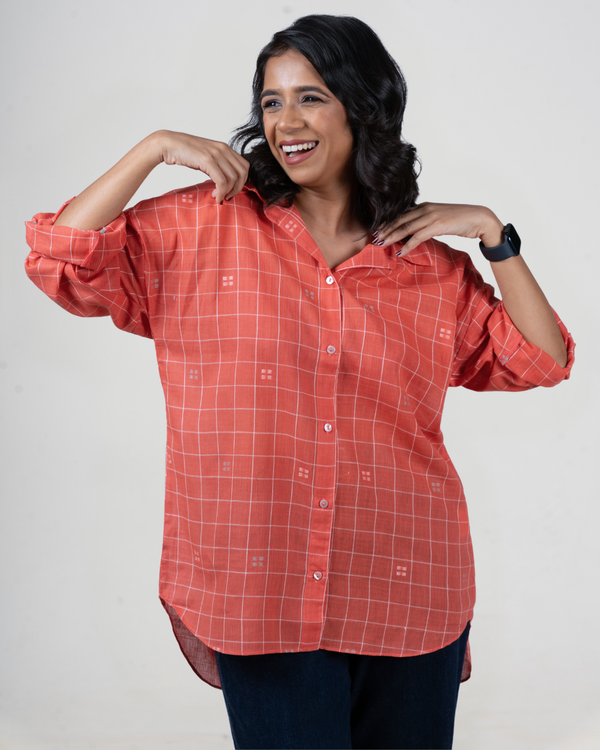 Fresh Coral Jamdani Cotton Shirt
