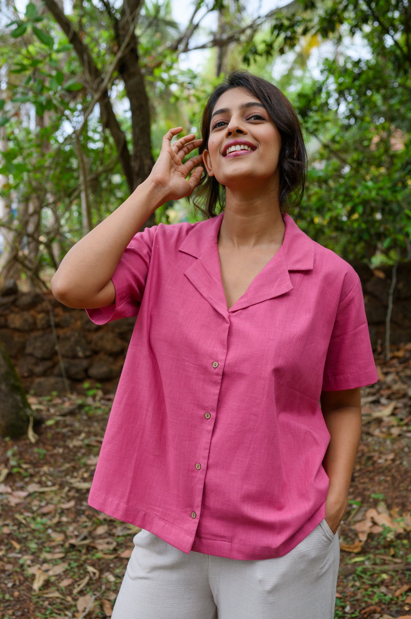 Pure Cotton Open Collar Shirt-Pink