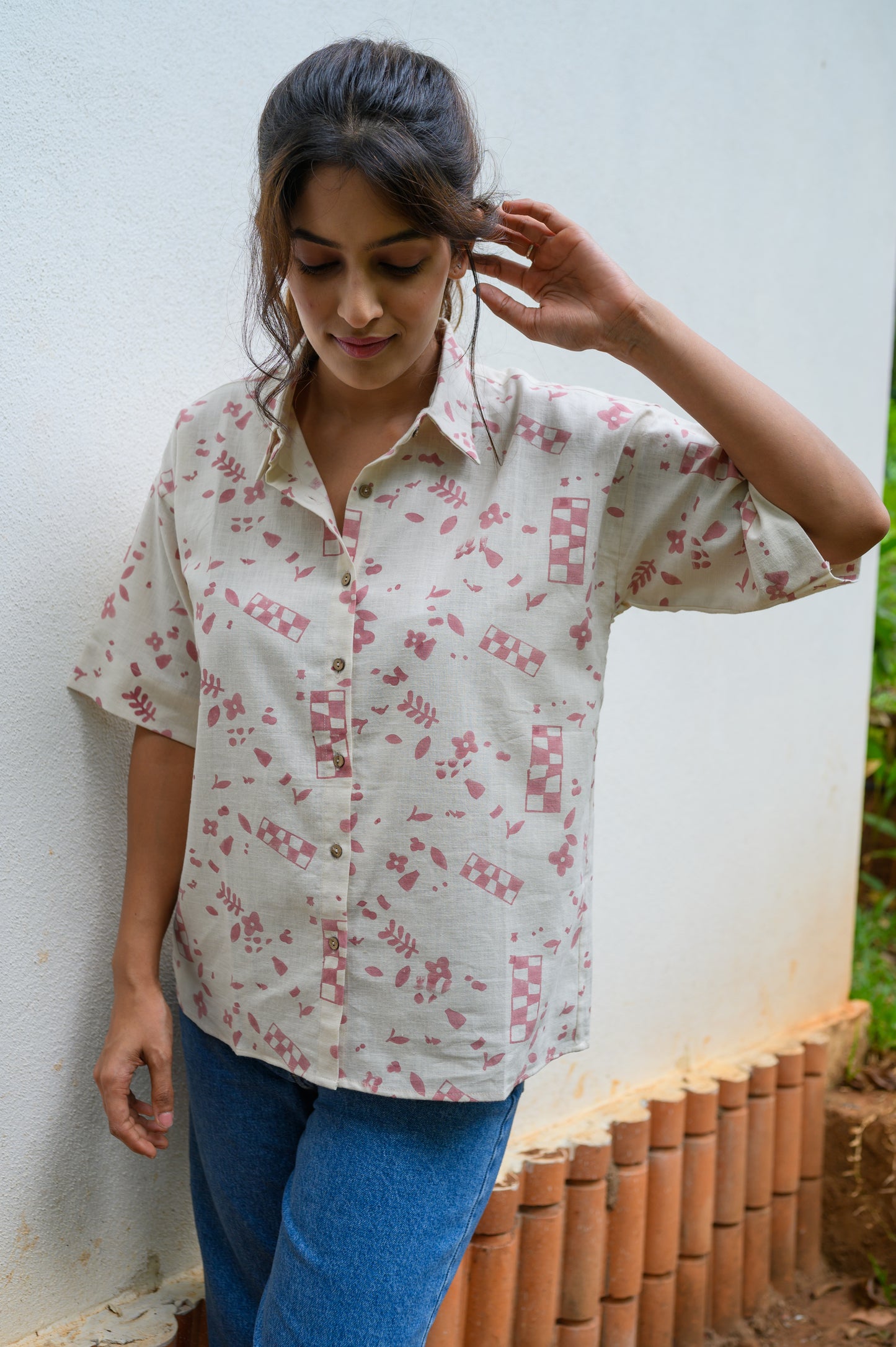 Handblock Printed Cotton Shirt - Powder Pink