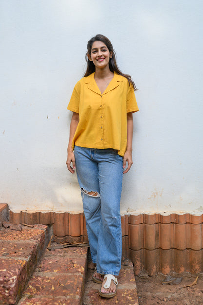 Pure Cotton Open Collar Shirt-Yellow