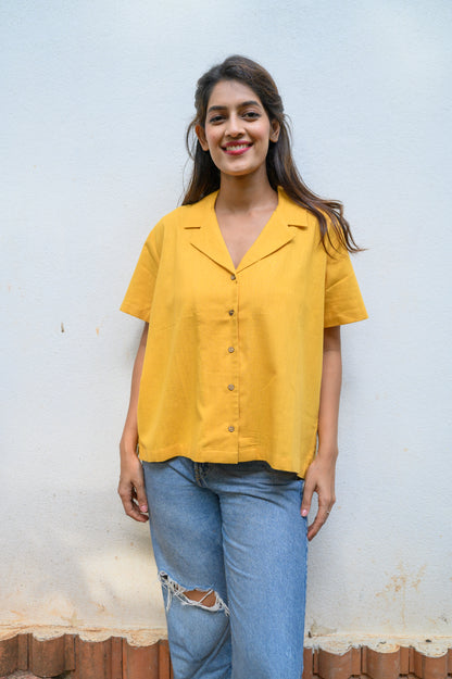 Pure Cotton Open Collar Shirt-Yellow