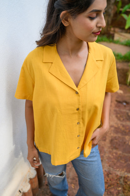 Pure Cotton Open Collar Shirt-Yellow