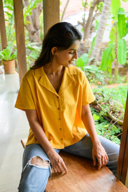 Pure Cotton Open Collar Shirt-Yellow