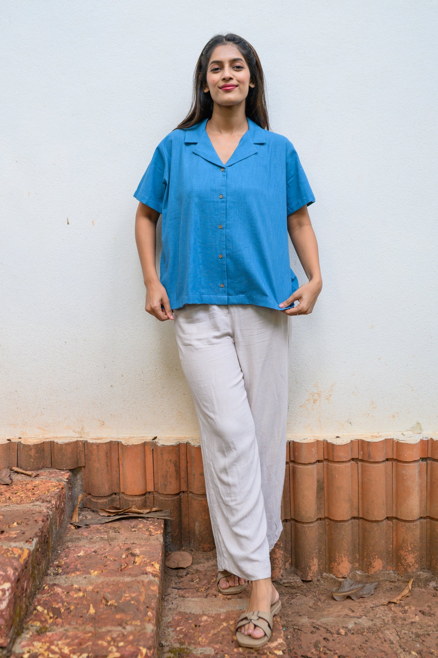 Pure Cotton Open Collar Shirt-Blue