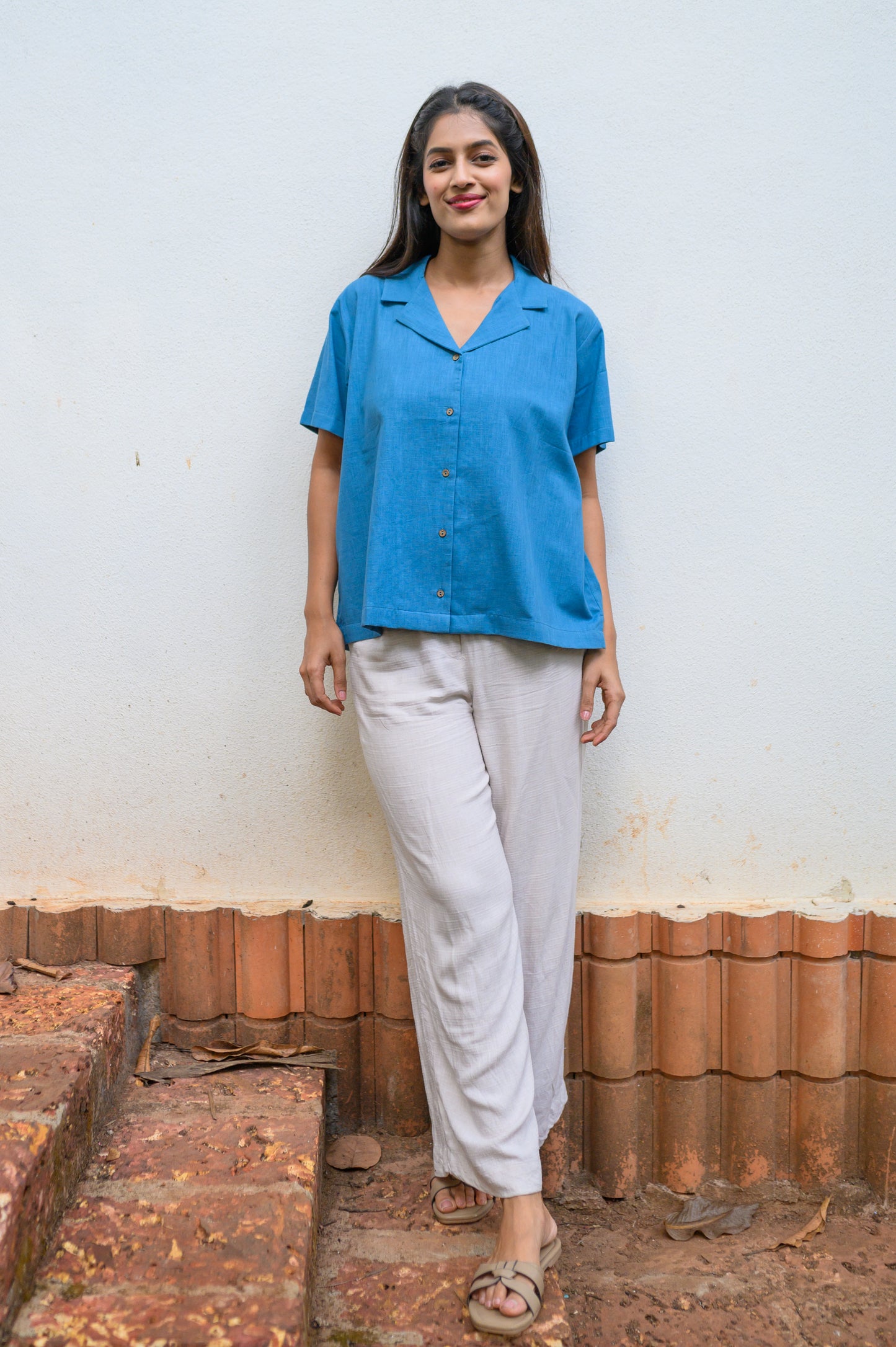 Pure Cotton Open Collar Shirt-Blue