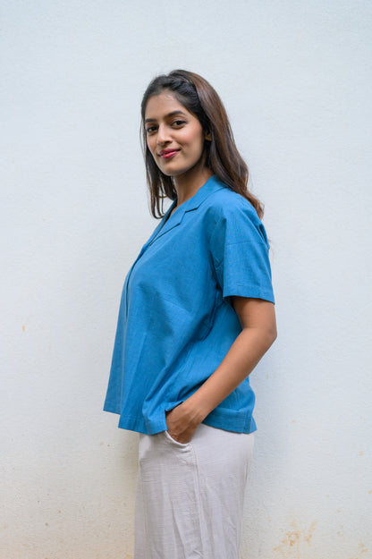 Pure Cotton Open Collar Shirt-Blue