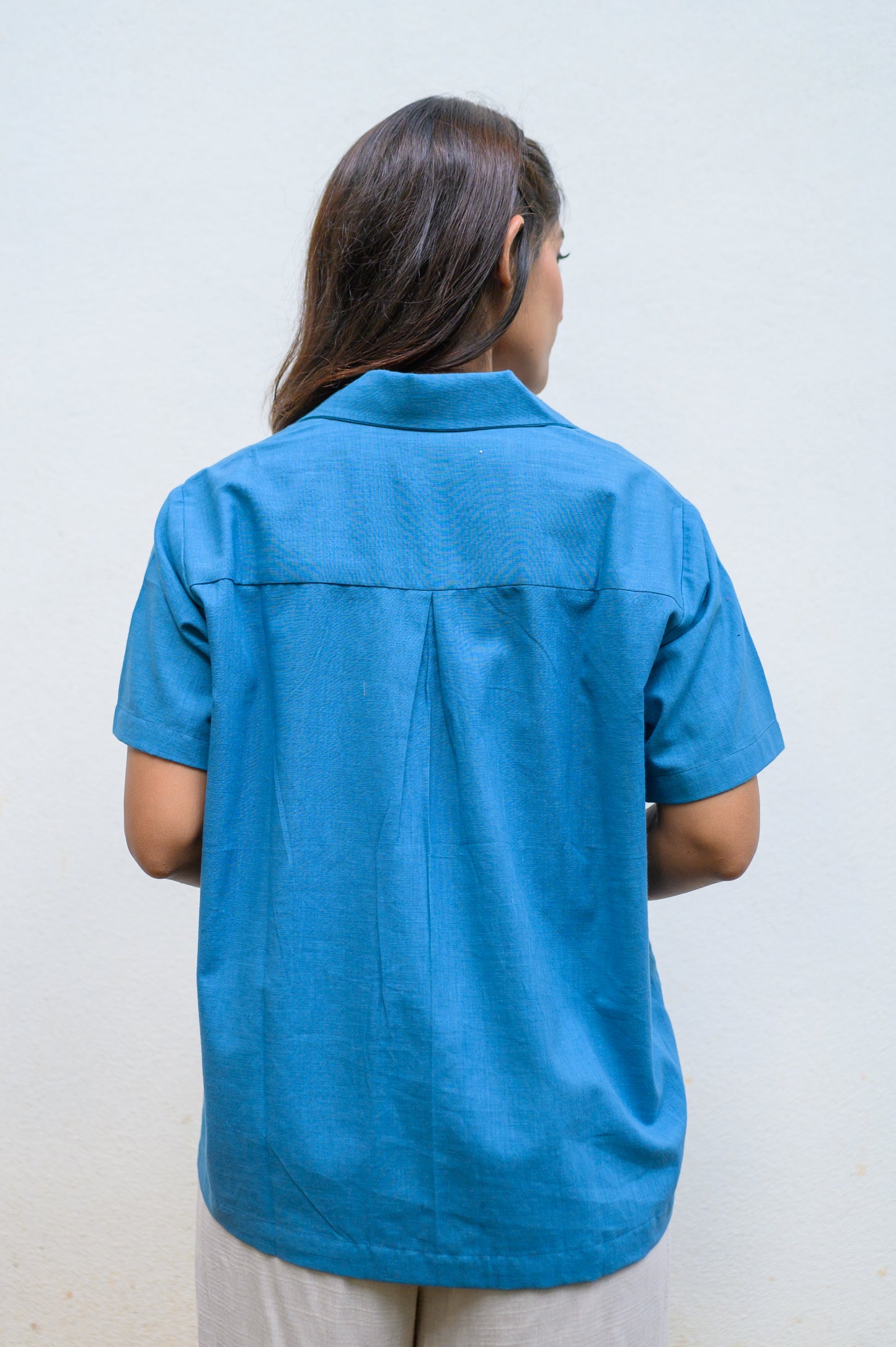 Pure Cotton Open Collar Shirt-Blue