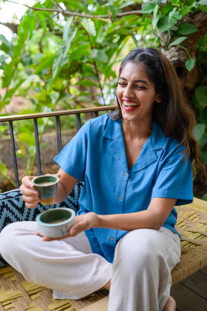 Pure Cotton Open Collar Shirt-Blue