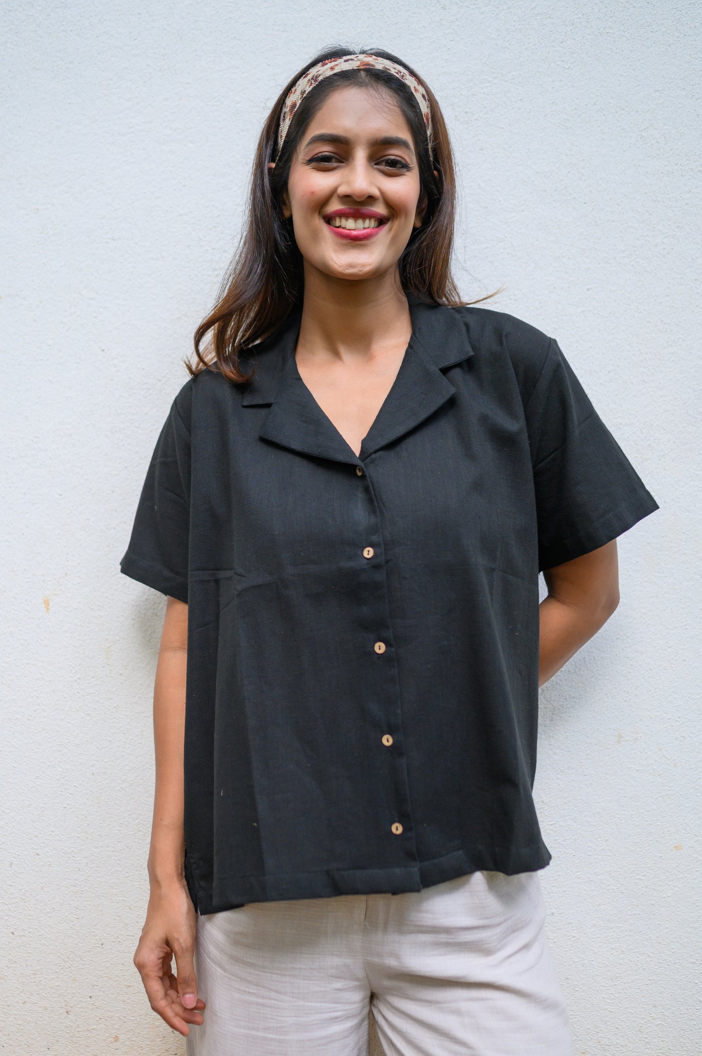 Pure Cotton Open Collar Shirt-Black