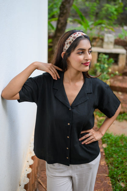 Pure Cotton Open Collar Shirt-Black