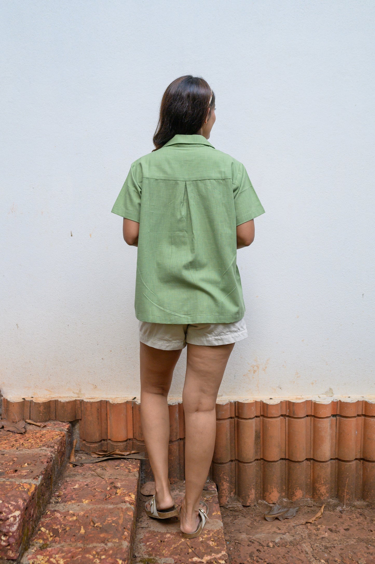 Pure Cotton Open Collar Shirt-Green