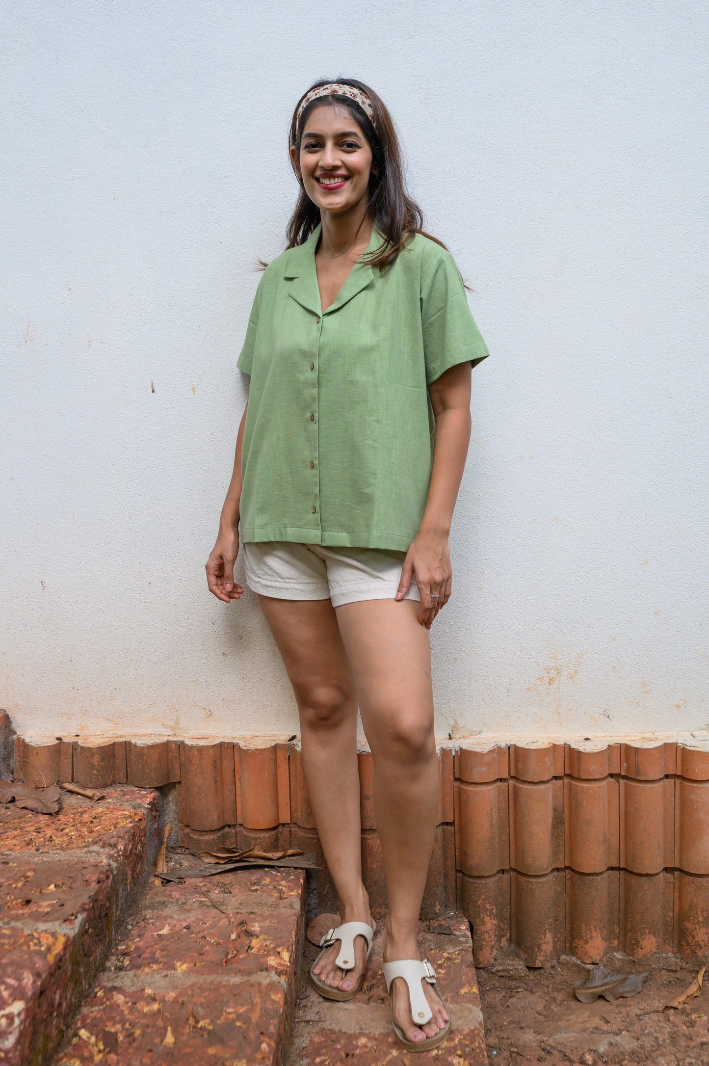 Pure Cotton Open Collar Shirt-Green